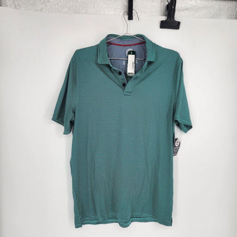 NWT Flag & Anthem Men's Medium Green Striped Naples Performance Polo Shirt